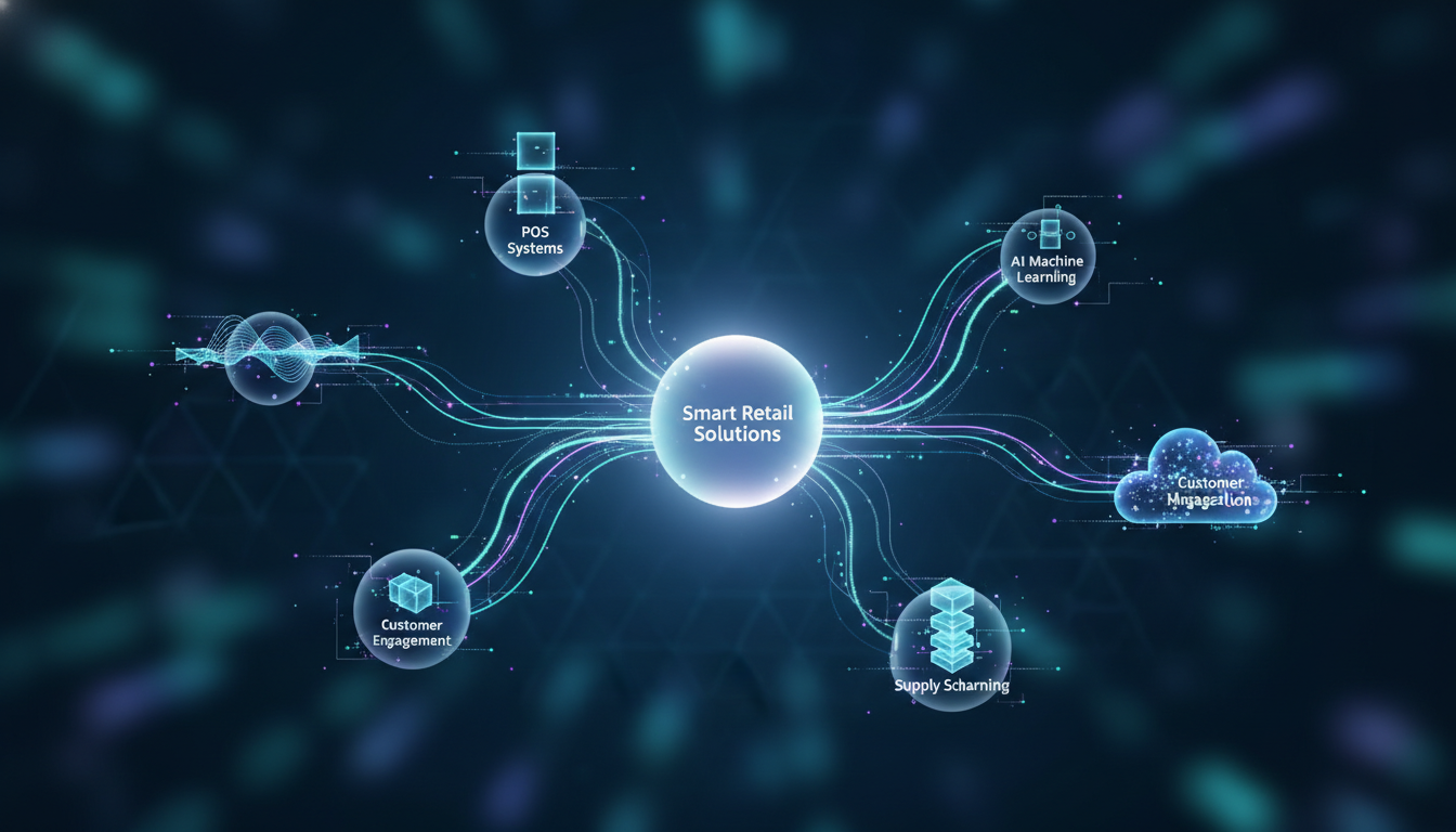 Interconnected digital representation of various retail technology solutions.